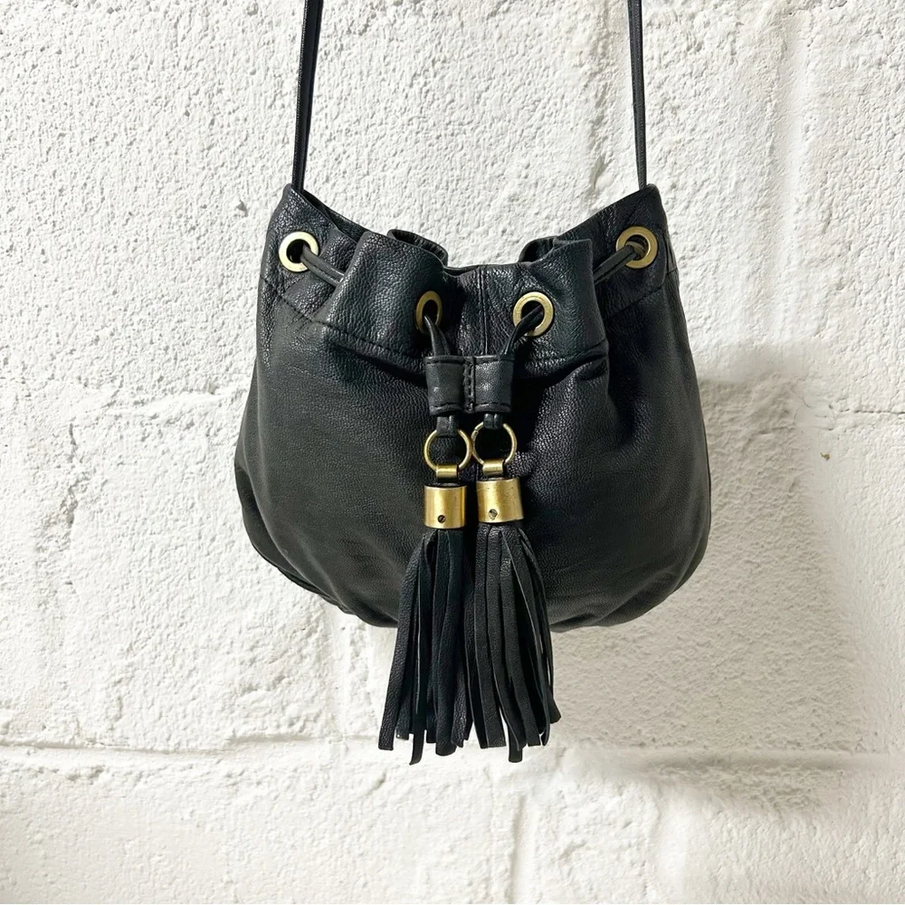 TopShop Real Leather Bucket Crossbody Bag with Tassels Grayish Black Color - Picture 5 of 8